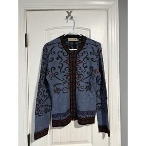 Peruvian Link Alpaca Collection Sweater Blue Flower Embroidered Cardigan Medium